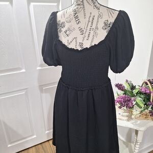 Girls Black Puff Sleeve Smocked Waist Dress